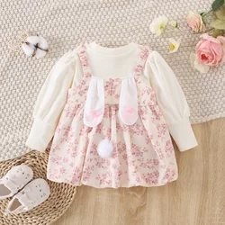 Winter New Girls' Dress Two-piece Bunny Ears Fluffy Tail Long Sleeve Knitwear Floral Dress (0-3 Years)