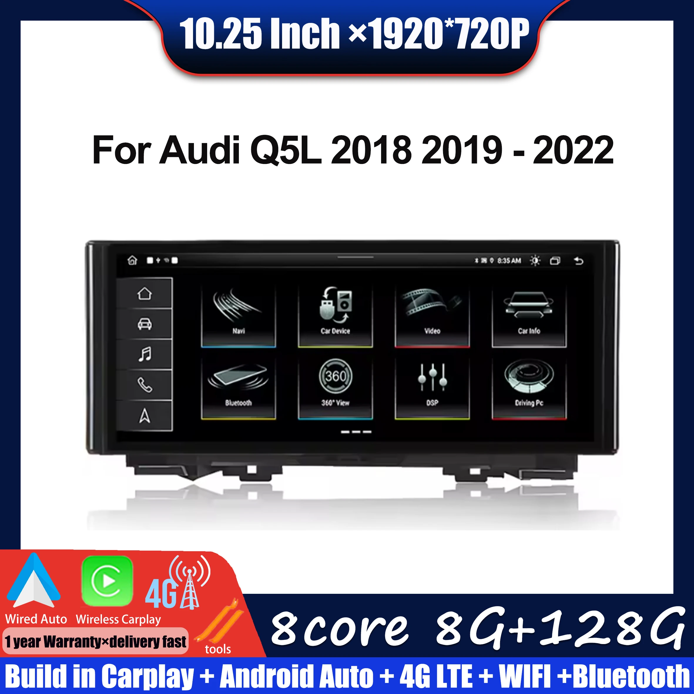 

10.25 inch 1920*720P HD Touch Screen For Audi Q5L 2018 2019 - 2022 BT 4G WiFi Android 14 Car Radio Video Multimedia Player