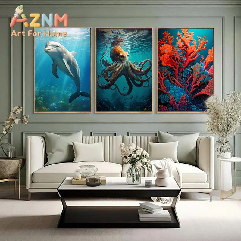 1pc frameless Canvas Painting Vintage Scuba Diver Octopus Dolphin Treasure Chest Poster Canvas Painting Wall Art Picture Living