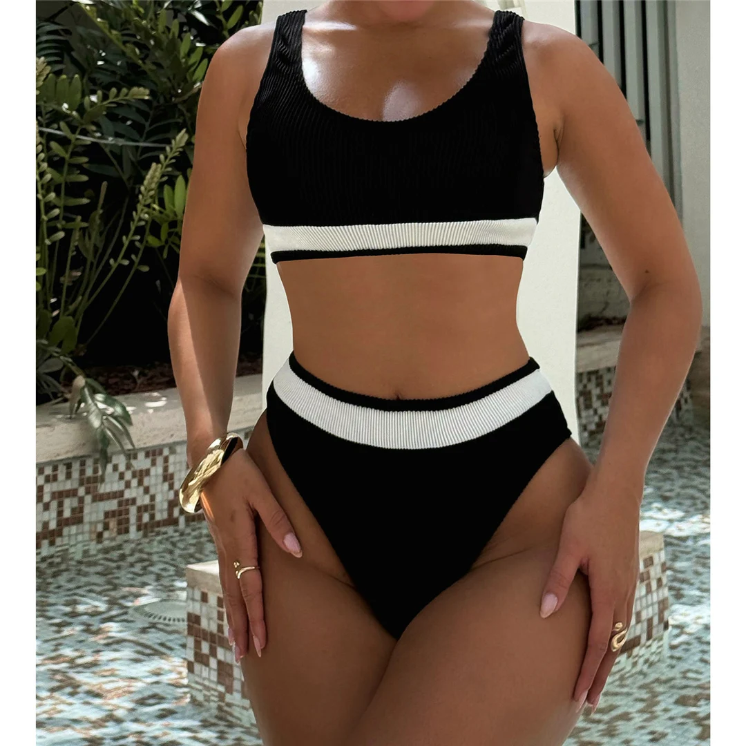 Gestreifter, hoch geschnittener Damen-Badeanzug, zweiteiliger Bikini mit hoher Taille, Bikini-Badeanzug, Damen-Badebekleidung, Bather Swim V5944 – Detail 7