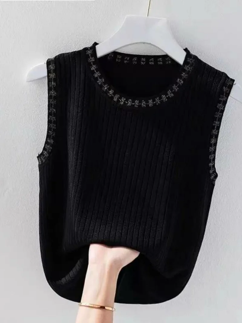 Top Elegante da Donna in Seta Ghiaccio con Spalline, Taglia Grande, Copri Pancia, Maglia Luminosa, Top Sottile Lavorato a Maglia, Bellissimo