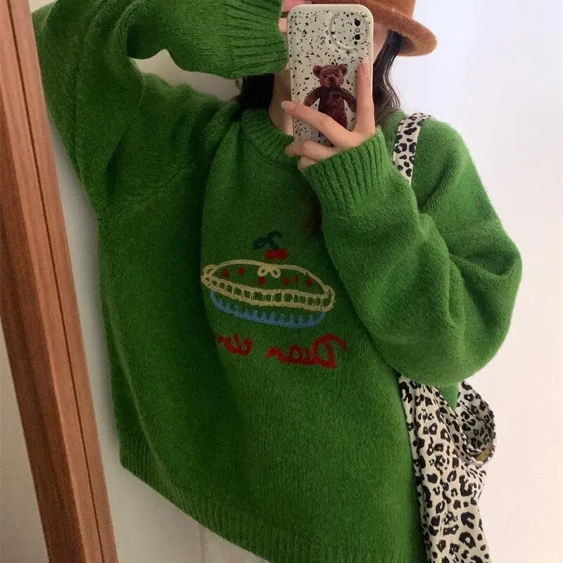 Suéter de niña Otoño Invierno dulce nuevo perezoso mantener caliente pulóver lindo bordado Tops suelto minimalista suave y pegajoso prendas de punto