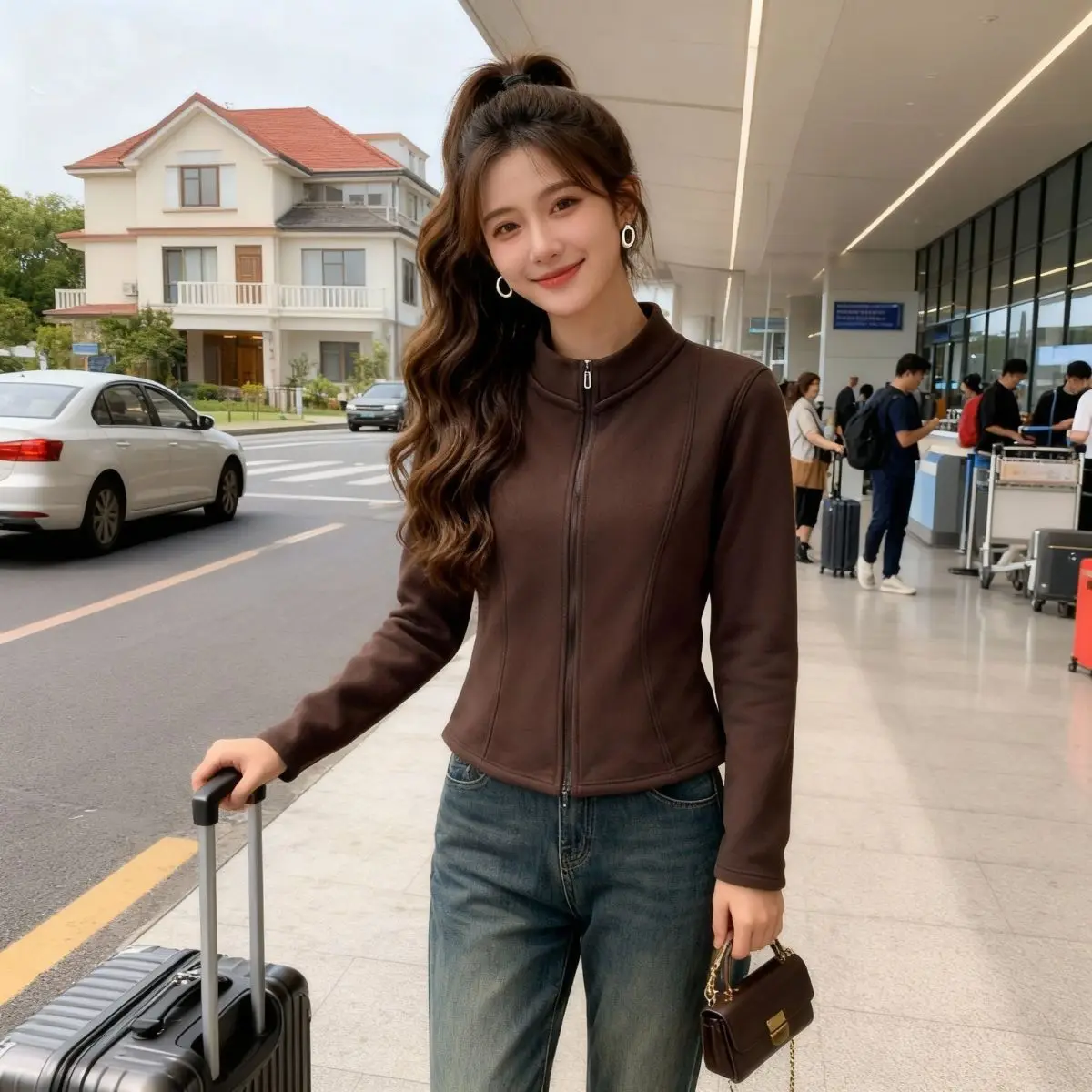 Ele Fce gefütterte Jacke mit doppeltem Reißverschluss für Damen, schmale Passform, warme Oberbekleidung von Top-Qualität mit Taillenlinie