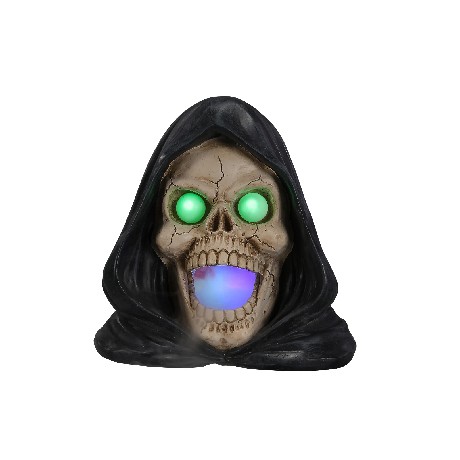 Halloween Grim Reaper Skull Statue with Fog & LED Lights, Spooky Resin Tabletop Decoration for Haunted House Party, Glowing Eyes Novelty Gift