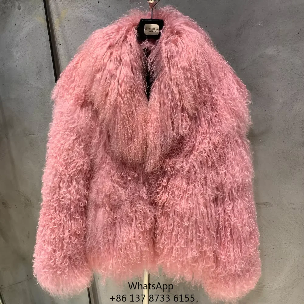 

Winter Natural Fluffy Fur Coats Genuine Curly Sheep Fur Coats Women Pink Mongolian Fur Coat