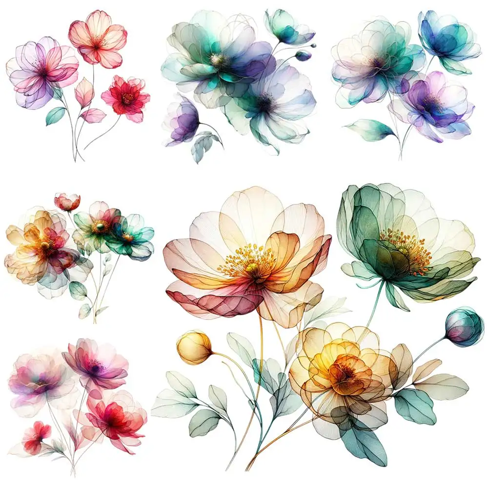 Abstract Flowers Iron-on Transfer For Clothing DIY A-Level Washable T-shirts Thermal Sticker Watercolor clipart Patches Applique