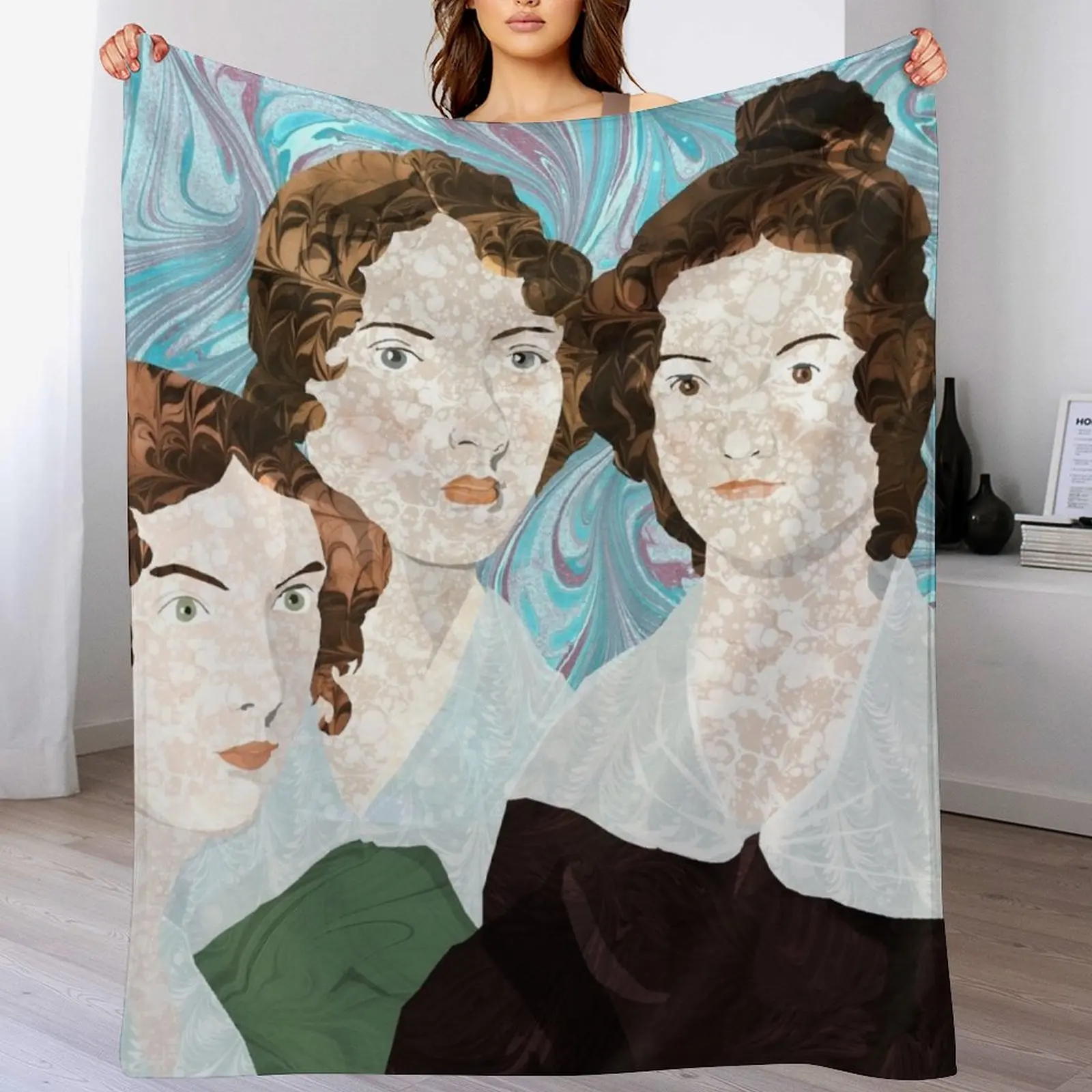 

Bronte Sisters in Marbled Bookbinding Paper Throw Blanket Single Flannels blankets and throws Plush Blankets