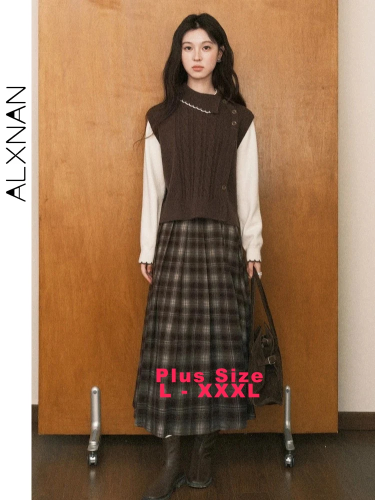 

ALXNAN Plus Size Mid-Length Skirt 2025 Plaid Color-block Design Flared Skirts High-waist Silhouette Vintage A-Line Skirt D57735