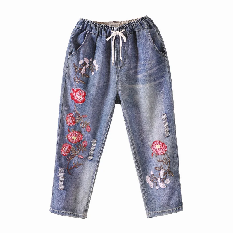 

Women's Jeans Embroidery Ripped Hole Korean Fashion Capris Harem Pants Ladies Y2K Streetwear Vintage Baggy Denim Trousers