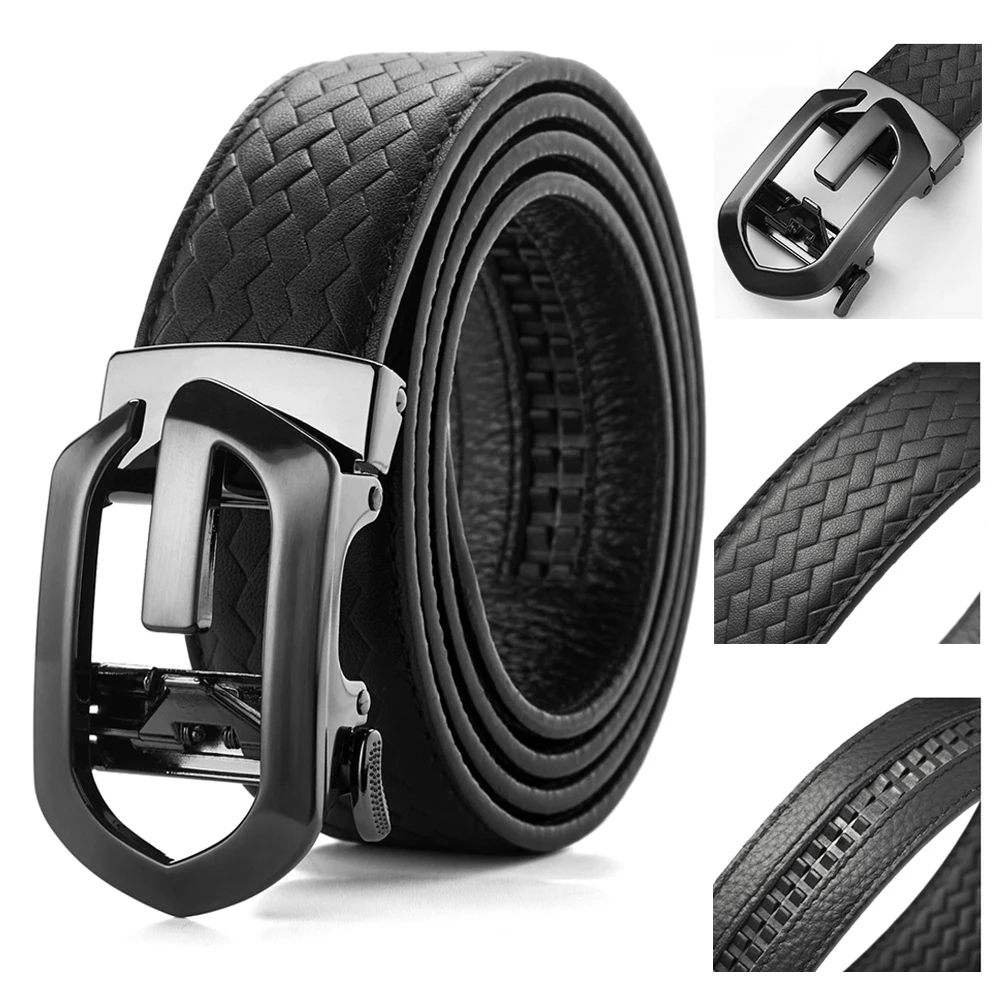 Leather Belt Automatic Buckle Hollow Out First Layer Cowhide Embossed Weaving Genuine Leather Men's Belt Micro Adjustable Belt