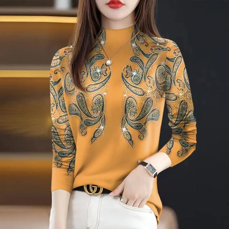 

Half High Collar Women's Spring and Autumn 2024 New Splicing Printed Fashion Slim Minimalist Casual Versatile Long Sleeve Top