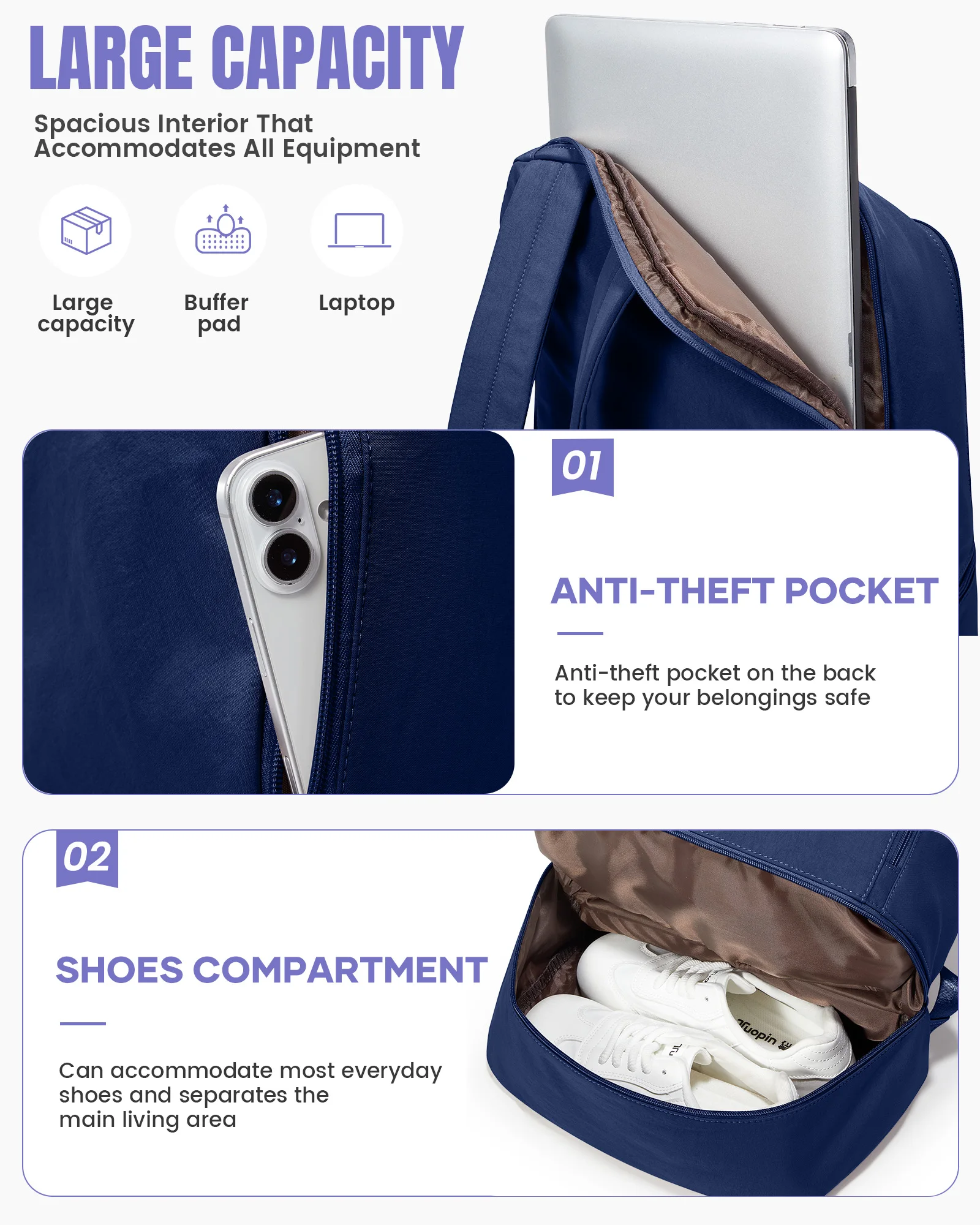 Sportrucksack, Tennistasche, Fassungsvermögen für 2 Schläger, mit Schuhfach, Reiserucksack, Sport- und Fitnessrucksack für Tennis und Pickleball. – Detail 3