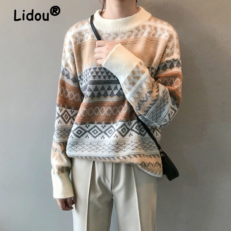 Vintage Argyle Casual Simple Loose Streetwear Outewear Knitted Sweater Women Autumn Winter Thick Long Sleeve Pullovers Clothing