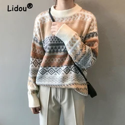 Vintage Argyle Casual Einfache Lose Streetwear Outewear Gestrickte Pullover Frauen Herbst Winter Dicke Langarm Pullover Kleidung