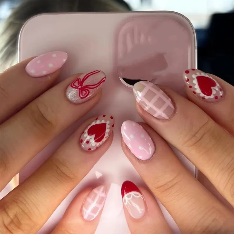 

24Pcs Short Almond Nails Set Press on With Love Heart Bow Design False Nails Art Wearable Round Head Full Cover Fake Nails Tips