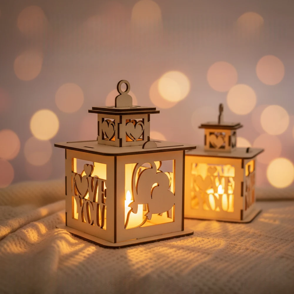 

DIY wooden candle holder with heart & rabbit design, "I LOVE YOU" text, 14.8cm vintage Valentine's home decor.