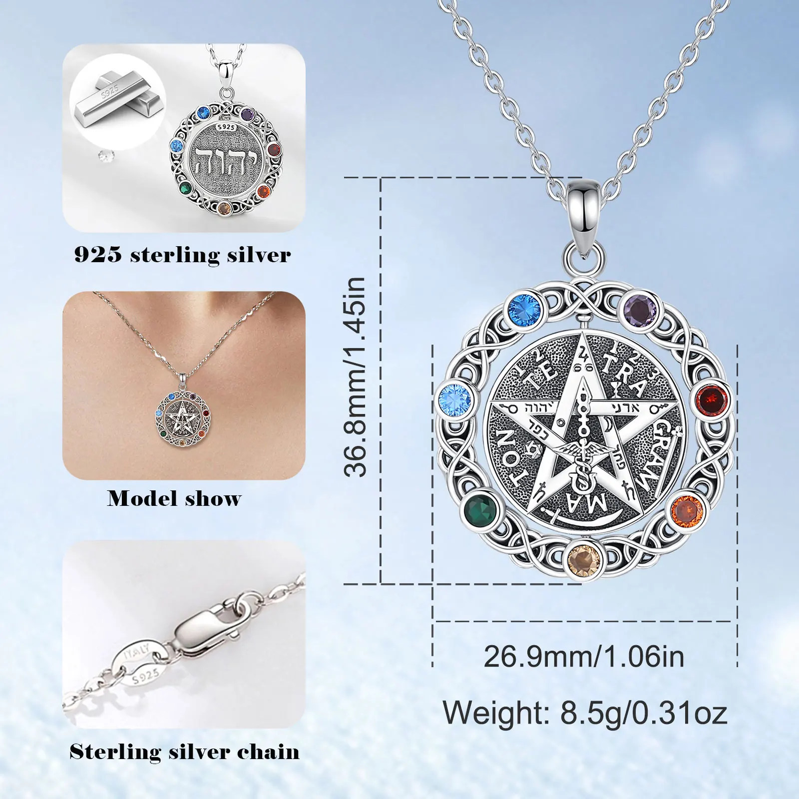 Eudora Original 925 Sterling Silver Pentagram Necklace for Women Man 7 Color Chakra Star Tetragrammaton Pendant rotatable Gift