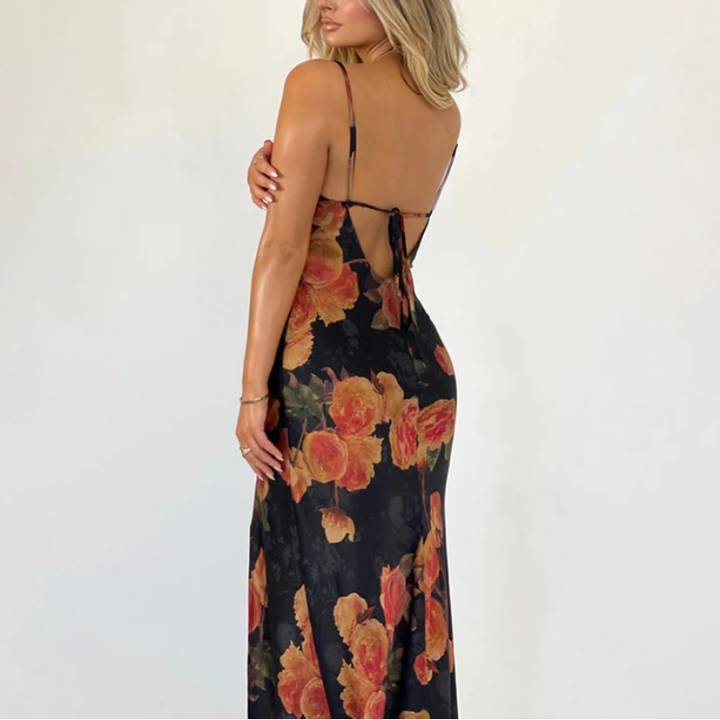 Mikydely Autumn New Sexy Spice Split Skirt Fashion Oil Painting Style Print Halter Dress