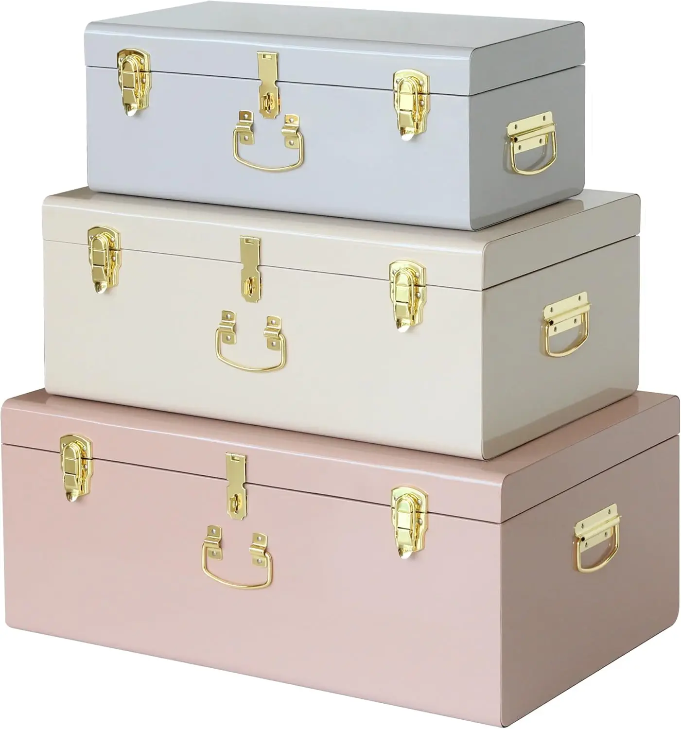 

Decorative Box Set of 3 Metal Trunks Chest with Safety Lock Clasp for Treasure Organization and Home Dorm