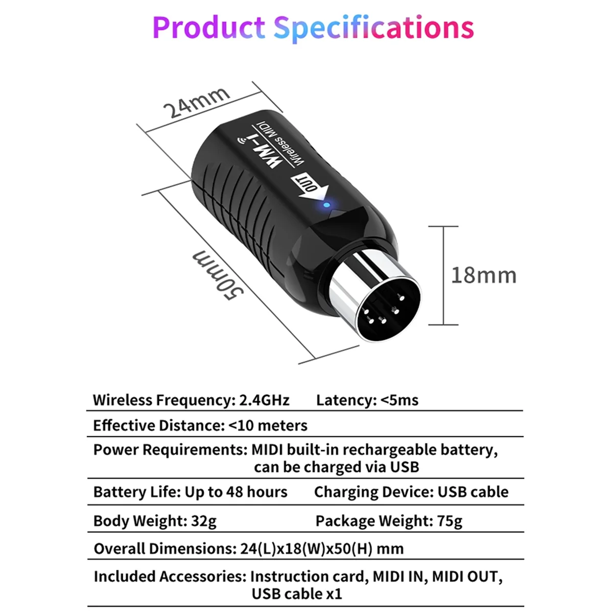 M18K-Rechargeable Midi Wireless Guitar System Audio Receiver Transmitter Wireless Midi Adapter for Digital Piano Keyboard