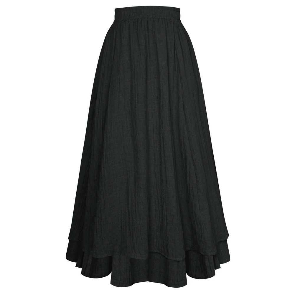 SD Women Skirts Vintage Renaissance 2-Layer Swing Skirt Elastic Waist A-Line Maxi Skirt High Waist linen Breathable Skirt