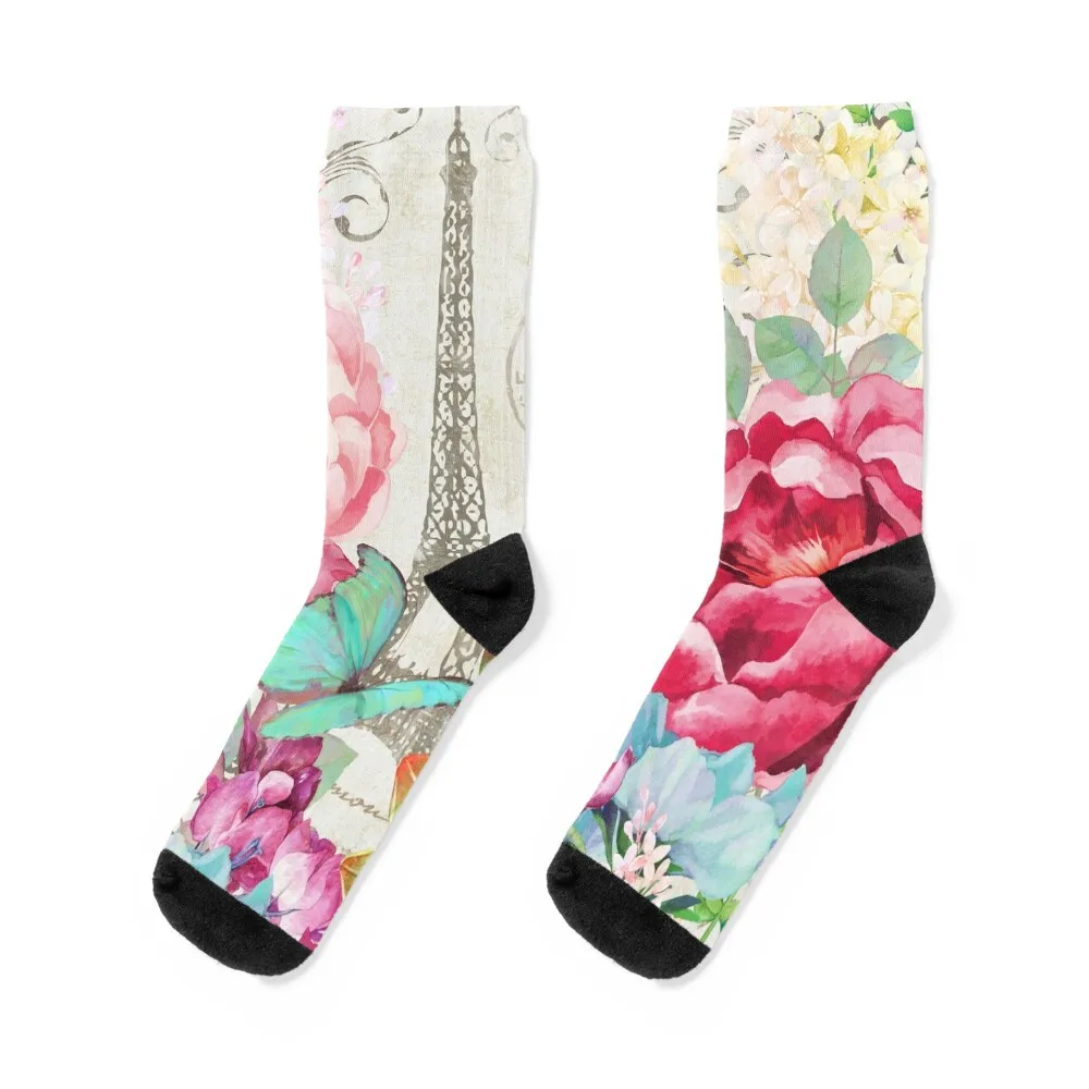 

Le Printemps a Paris, Springtime in Paris lush floral art Socks sport with print set retro Man Socks Women's
