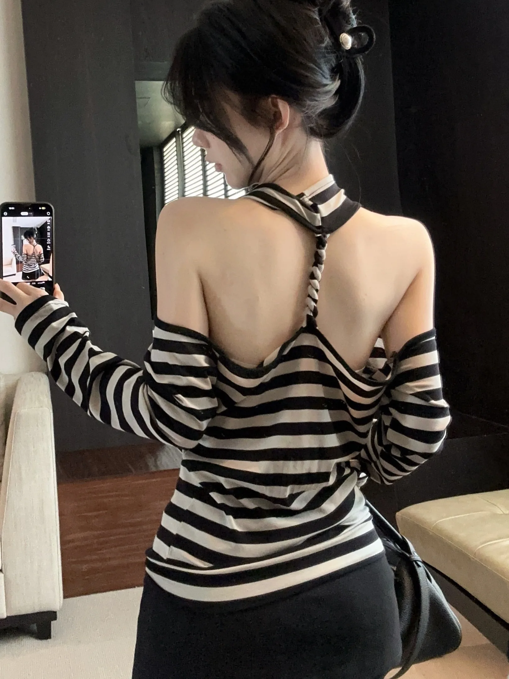 Dopasowany, w paski, z wiązaniem na szyi, elegancki strój dla druhen, modny, lekko zwisający top, długi rękaw, oddychający, chiński produkt...