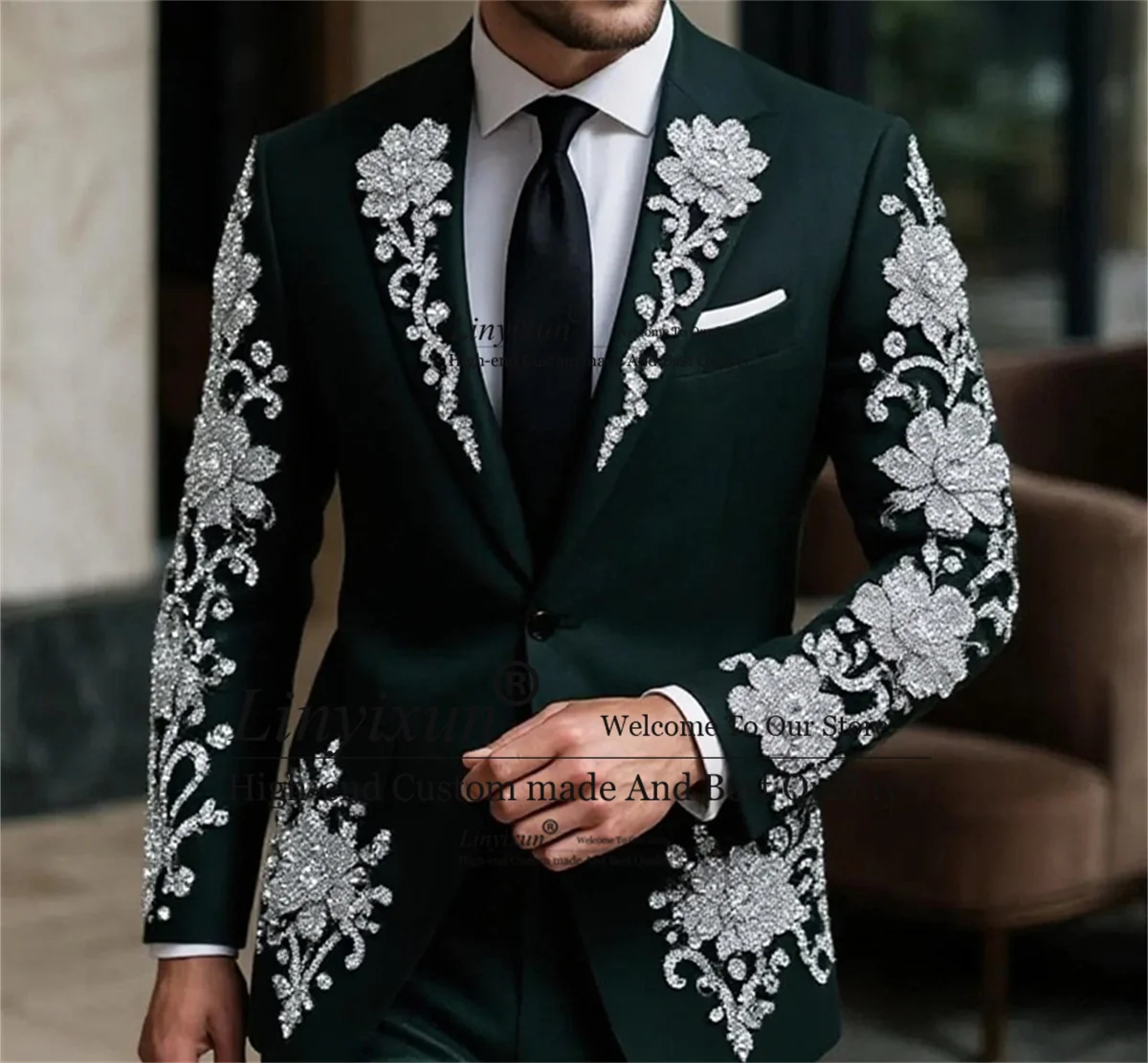

Fashion Crystals Floar Men Suit For Wedding 2 Pieces Sets Male Prom Blazer Sparkly Diamond Beaded trajes para hombre Customized
