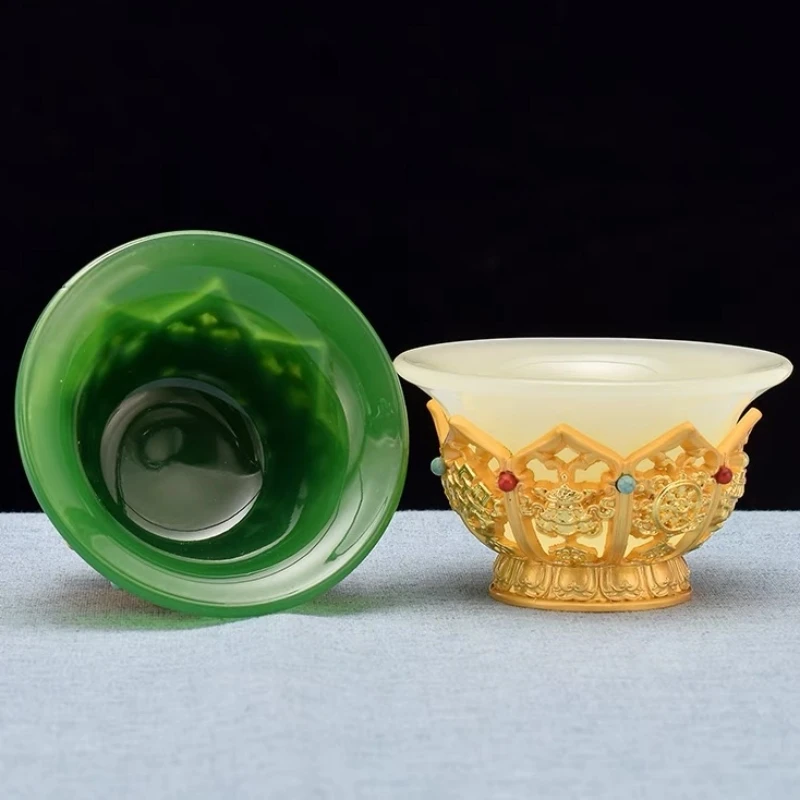 Golden Tibetan Bowl Alloy, Tantric Holy Water Cup, Engraved Inlaid Gem Buddhist Green Stone Bowl, Desktop Decorative , 8.5 cm