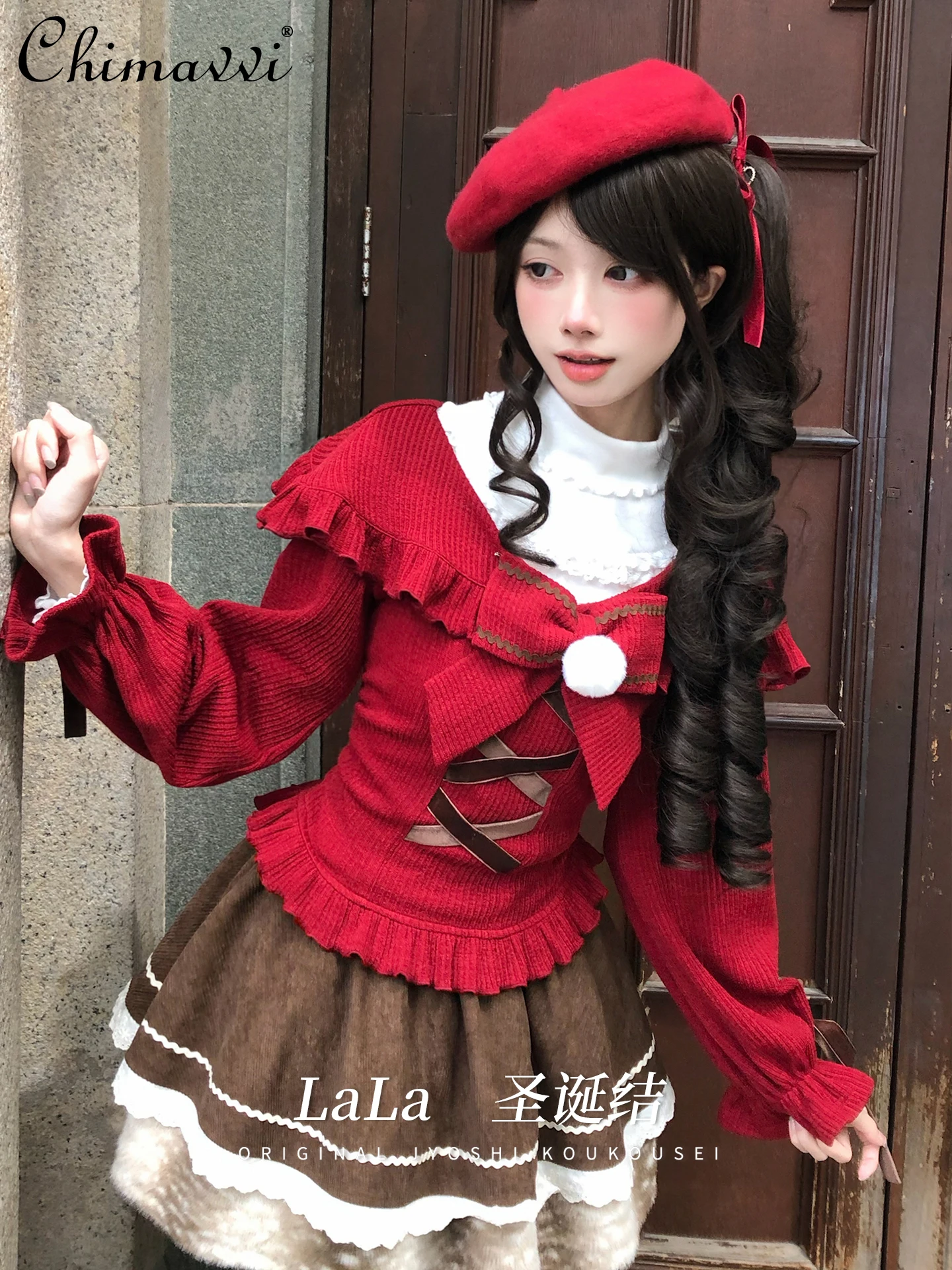 

Original Design Doll Sweet Girl Long Sleeve Off-Shoulder Christmas Gift Long Sleeve Sweater High Waist Skirt Set Lolita Sets