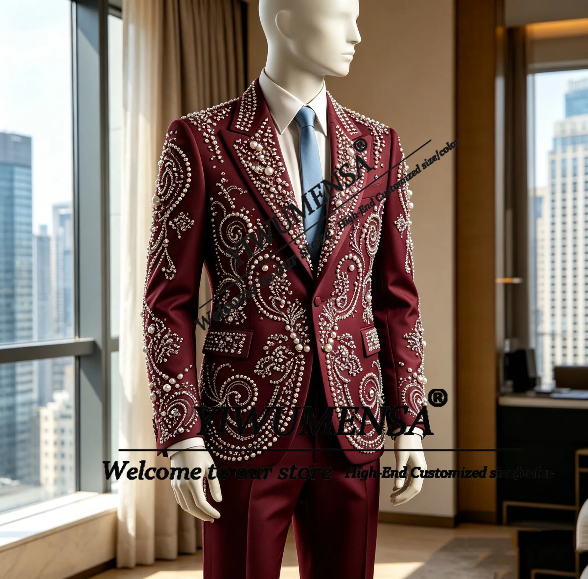 Male Fashion Suit Man For Wedding Crystals Beading Prom Blazer Custommized 2 Piece Sets Groom Wedding Tuxedos Customized Outfits