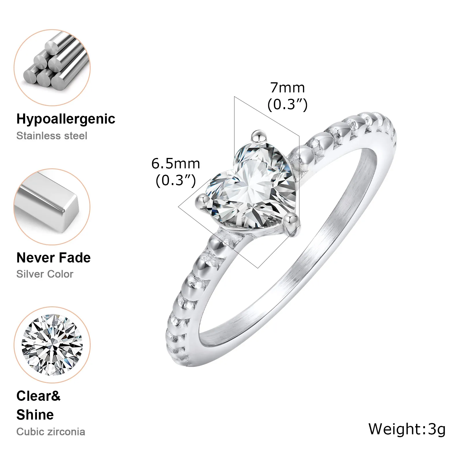 Wedding Brand Zirconia Heart Ring for Women Girlfriend, Silver Plated Stainless Steel Promised 2024 Jewelry