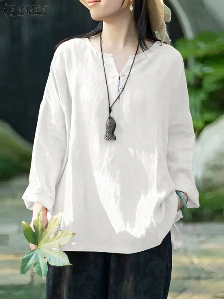 2023 ZANZEA Frauen Herbst Baumwolle Bluse Casual Langarm Tops Vintage Shirt V-ausschnitt Taste Blusas Weibliche Arbeit OL Shirts Oversize