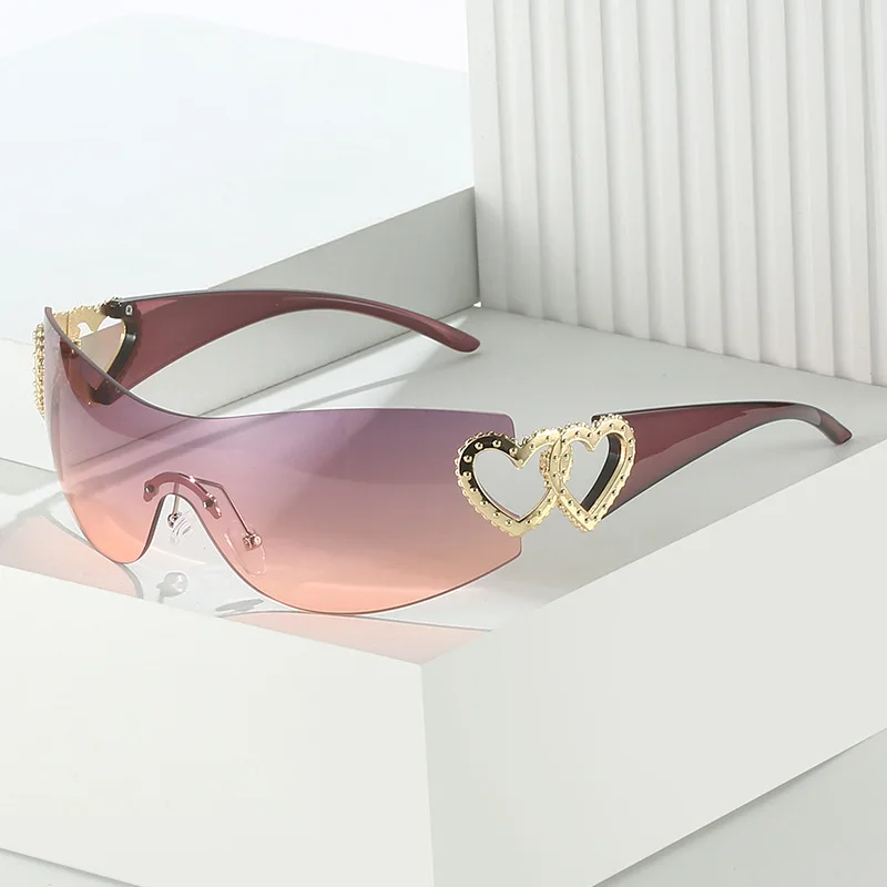 1pc Y2K Fashion Heart-Shaped Rimless Wrap-Around Cycling Glasses for Women One-Piece Fashion Glasses with Sun Protection