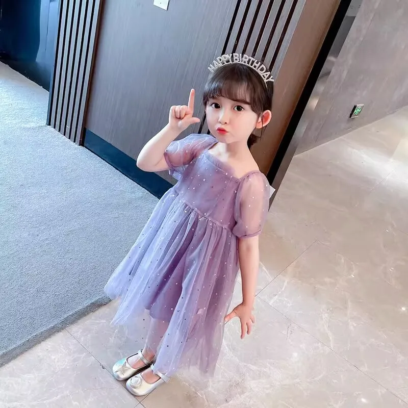 New Summer Girls Princess Dress with Sequin Tulle Puff Sleeves Party Dresses Purple Casual Dresses for Kids