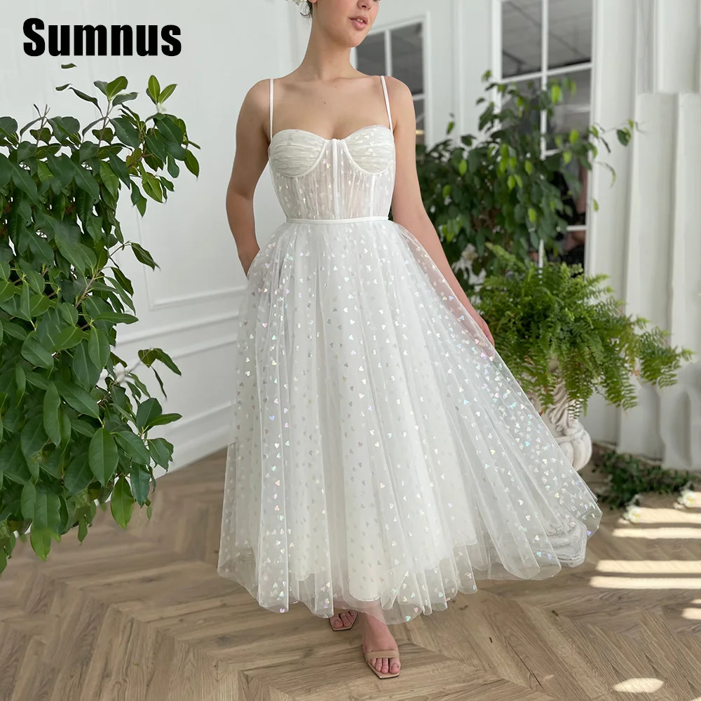 

Sumnus Simple Spaghetti Strap Prom Party Dress Patrol Tulle A-line Evening Gown Elegant Ankle Length Ruched Women Bride Dress