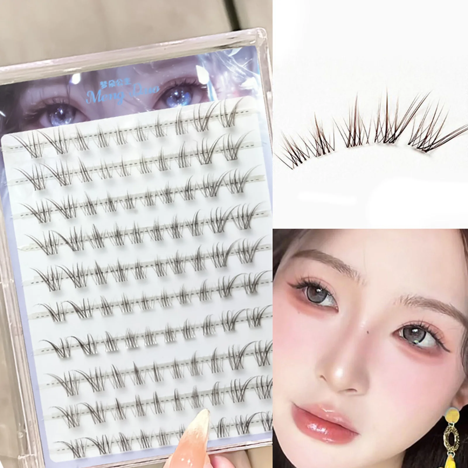 Kein Kleber, Wimpern im Fuchs-Stil, natürliches Braun, Mischungslänge 7–12 mm, C-Locken, segmentierter Anime-Wimpernverlängerungs-Look für das tägliche Make-up