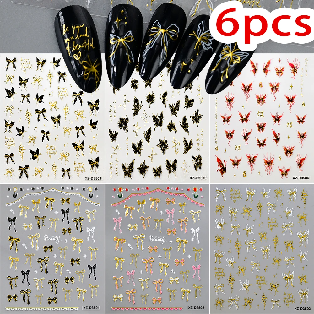 6Pcs Bronzing Butterfly Bowknot Nail Sticker Glossy Pink Red Ribbon Bow Nail Decal 3D Sweet Cool Butterfly Bowknot Nail Sliders