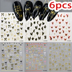 6Pcs Bronzing Butterfly Bowknot Nail Sticker Glossy Pink Red Ribbon Bow Nail Decal 3D Sweet Cool Butterfly Bowknot Nail Sliders