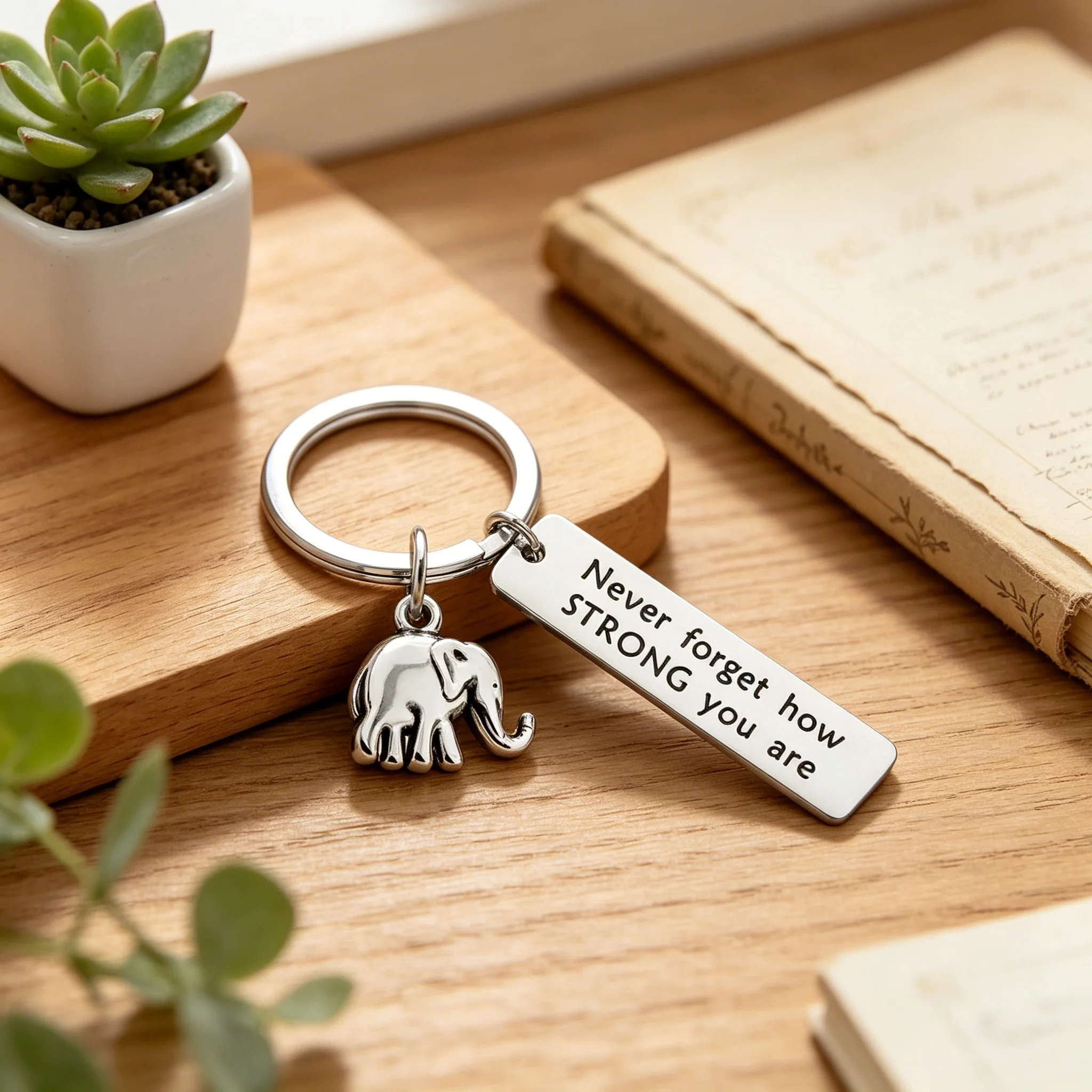 Positive Elephant Inspirational Keychain Stainless Steel 