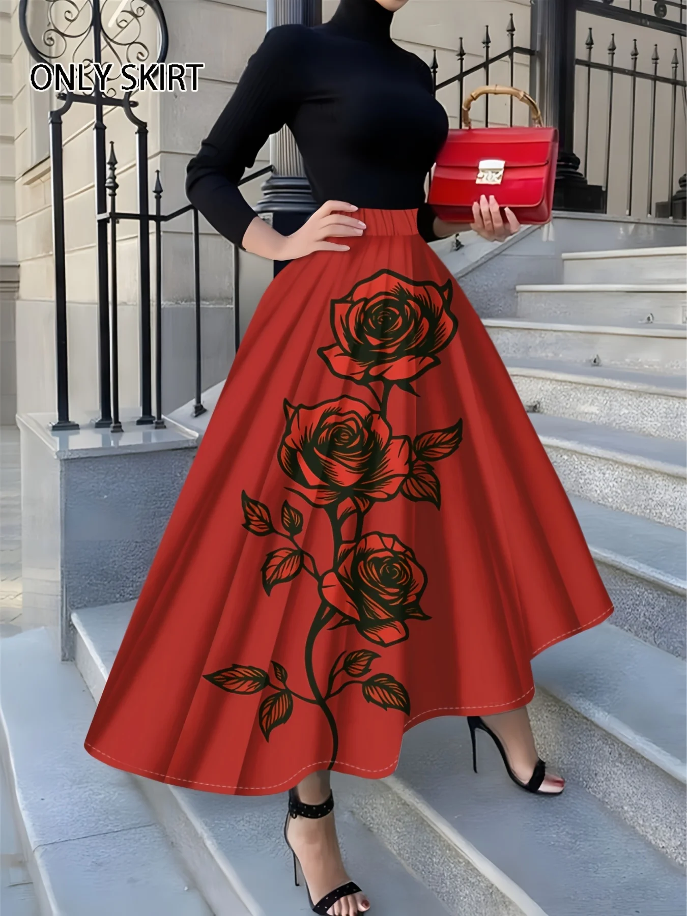 Printed Design casual style Red Rose Pattern Print Skirt women's half skirt