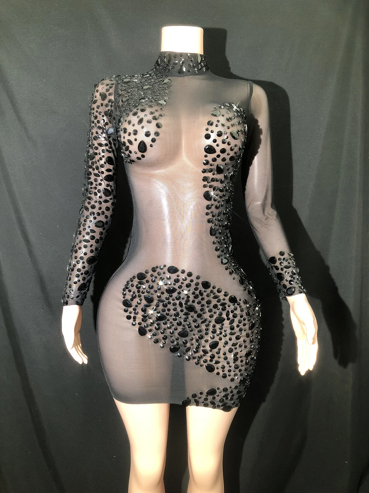 Vestido de encaje de malla personalizado transparente, lentejuelas de alta elasticidad, diamantes de imitación, sexy, ajustado, vestido de fiesta de cumpleaños, Longuette de rendimiento