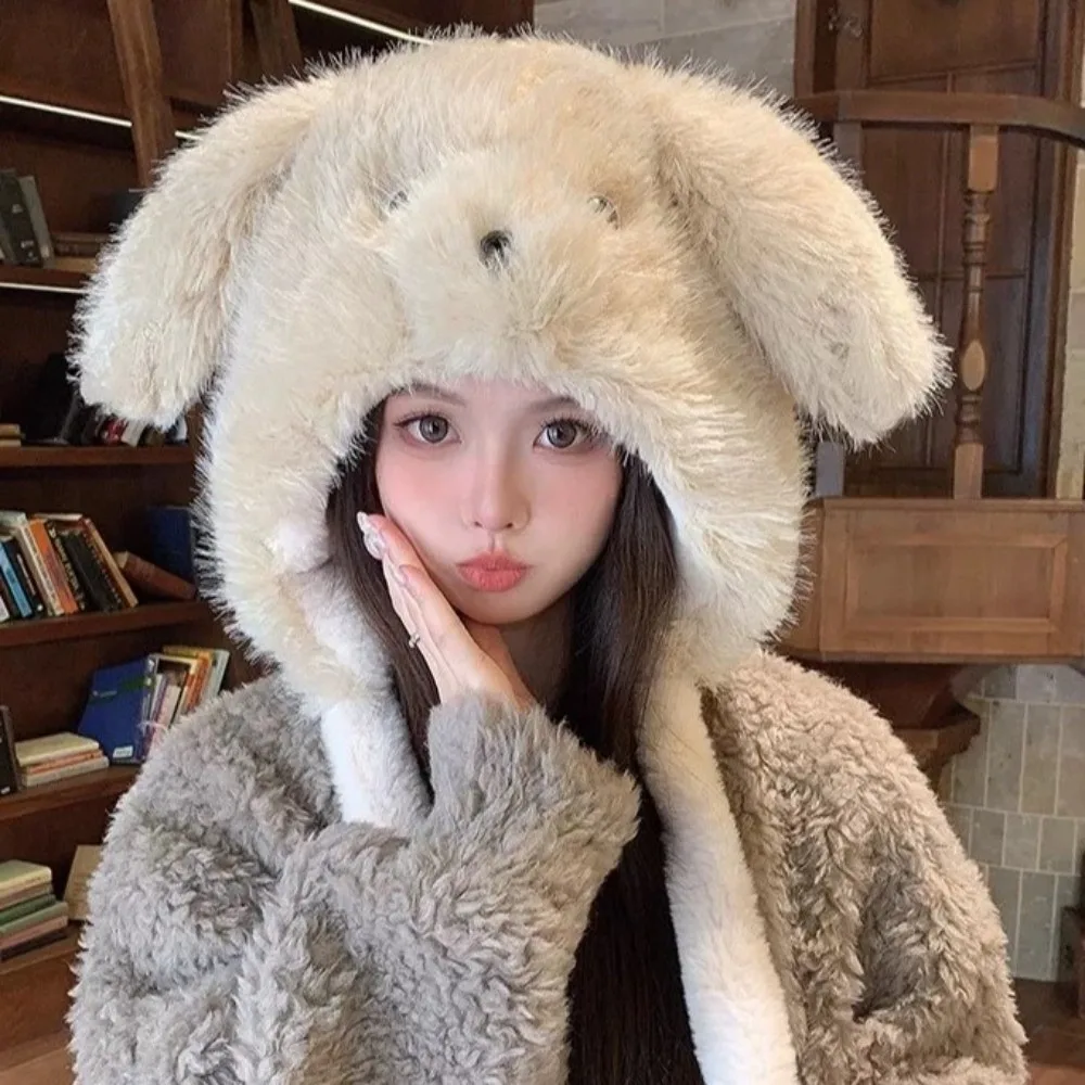 

Cartoon Movable Puppy Ears Hat Windproof Kawaii Woolen Hat Thickened Ear Protection Fluffy Lei Feng Hat Apparel Accessories