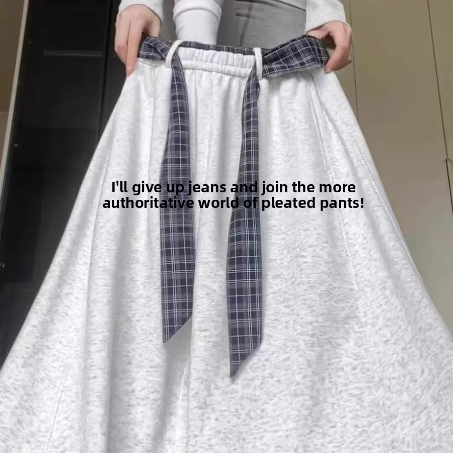 

Autumn Winter plus Size Men's Casual Pants Wide Leg Knife Trousers Unisex High Waist Belted Plaid Patterned Leisure Wear