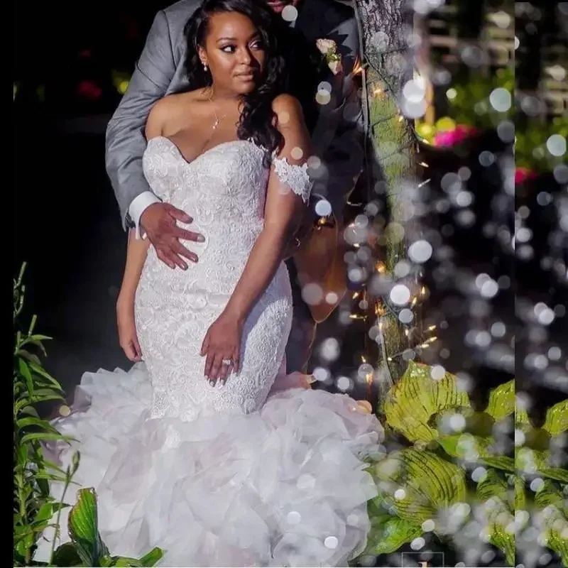 

Customized African Plus Size Mermaid Wedding Dresses Bridal Gown Off The Shoulder Tulle Ruffles Lace Up Back Vestidos De Novia