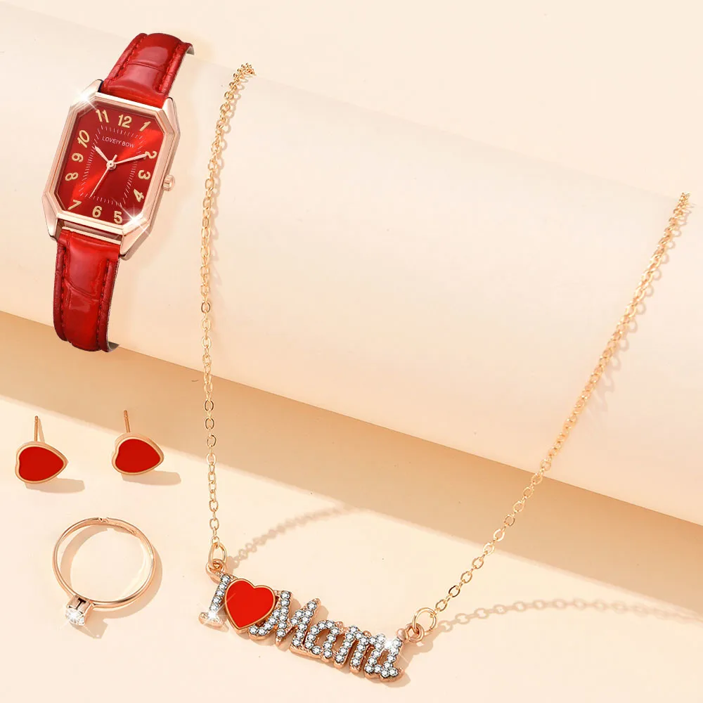 

Red Women Watch 5PCS/Set Minimalist Rectangular Quartz Wristwatch Leather Strap Watch Red Heart Shaped Jewelry Set Gift For Mom