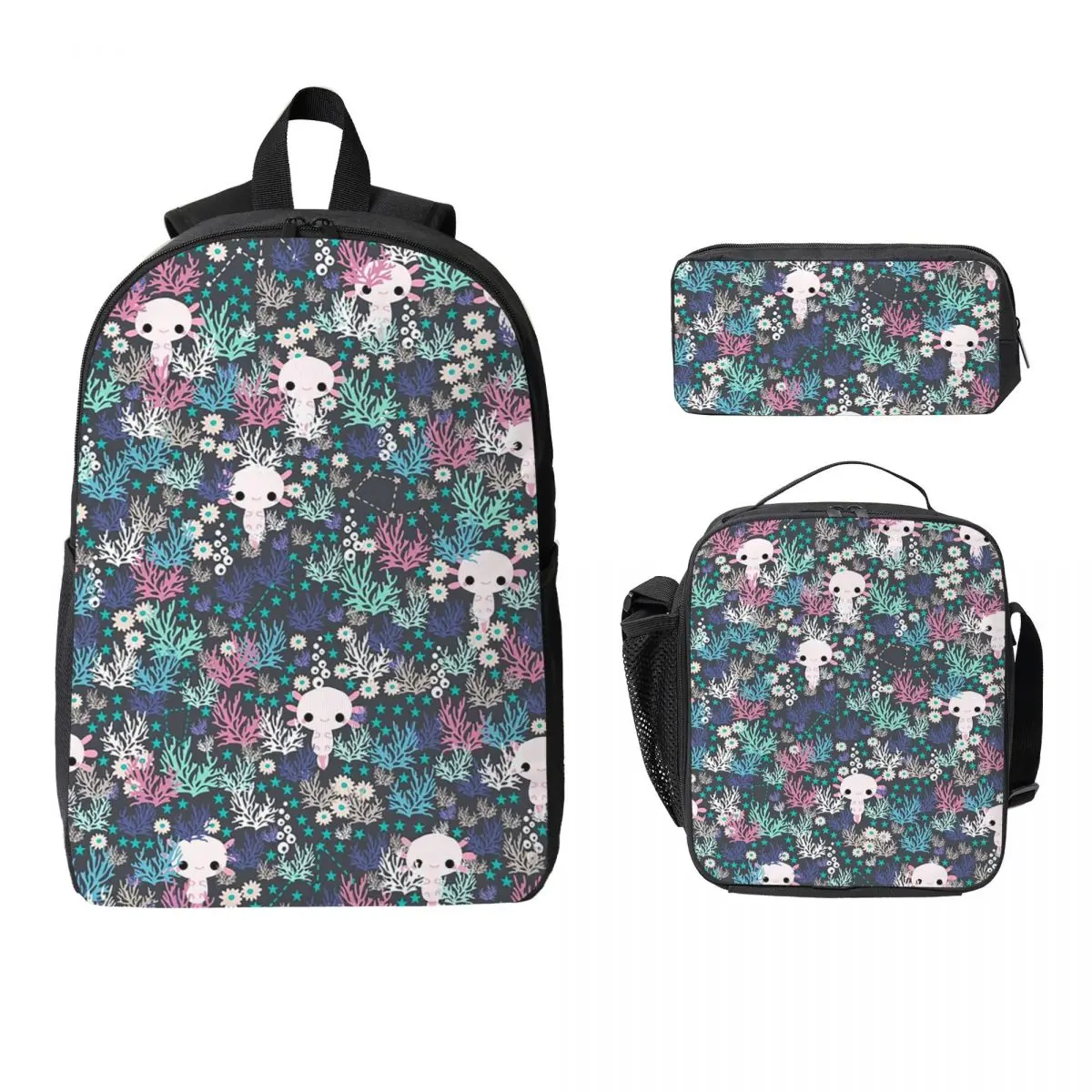 

Cute Axolotl And Coral Pattern Backpack Boys Girls BookBag School Bag Laptop Shoulder Bags 3ps Insulated Lunch Bag Pencil Case
