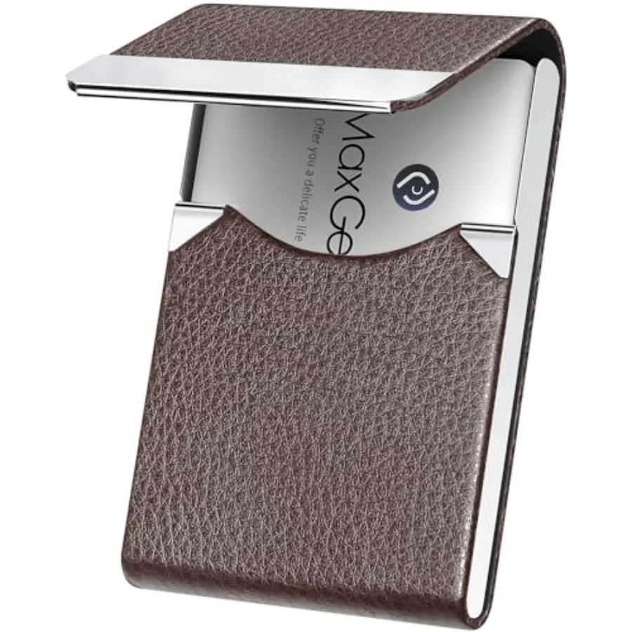 Business Card Holder, PU Leather Business Card Case, Stainless Steel Interior, Magnetic Closure, RFID Blocking, Holds 15 25 Sta
