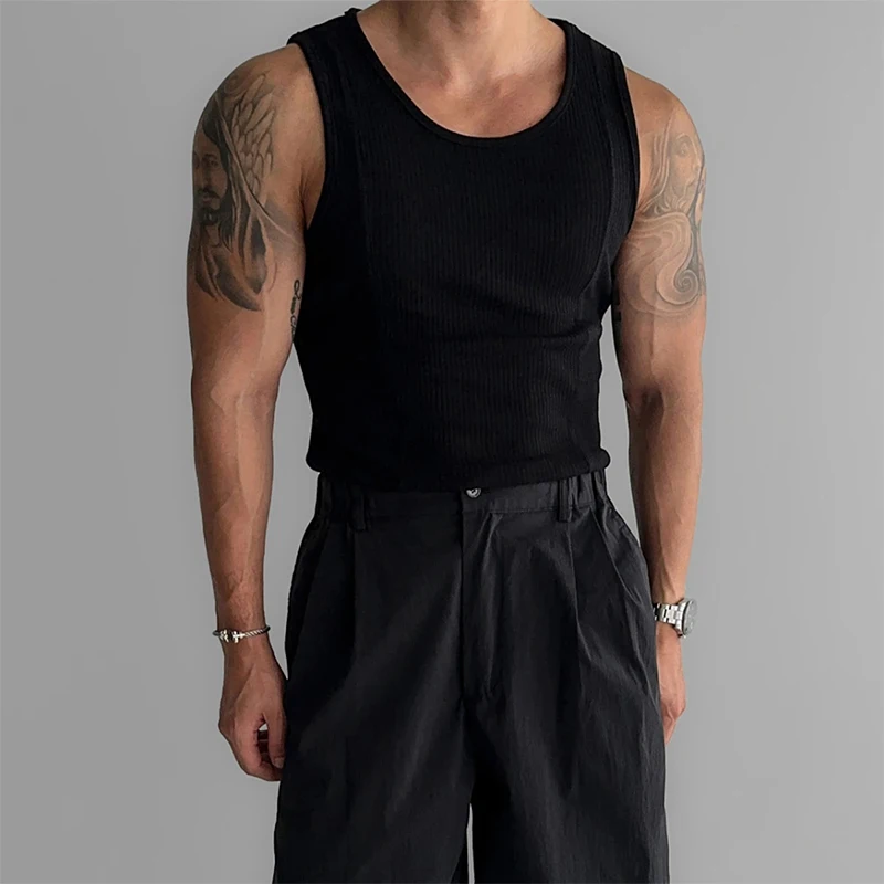 Streetwear Mens Casual Simple Pure Color Vest 2024 Summer Leisure Breathable Slim Elastic Ribbed Camisole Men Vintage Tank Tops