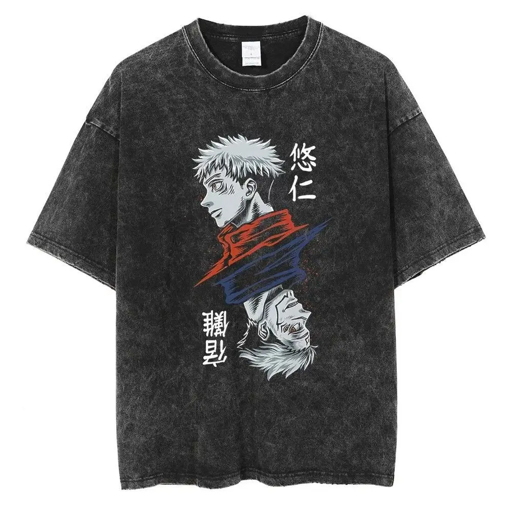 ​ ​ Jujutsu Kaisen Anime T-shirt Set Gojo Satoru Megumi Fushiguro Yuji Itadori Sukuna Vintage Wash Cotton Streetwear ​